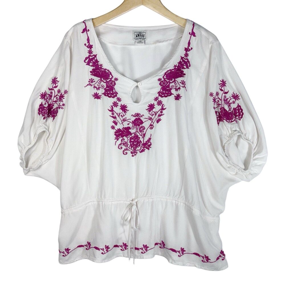Ariat Women's Shirt Top Blouse Embroidered Boho Dolman Sleeve Large Ivory